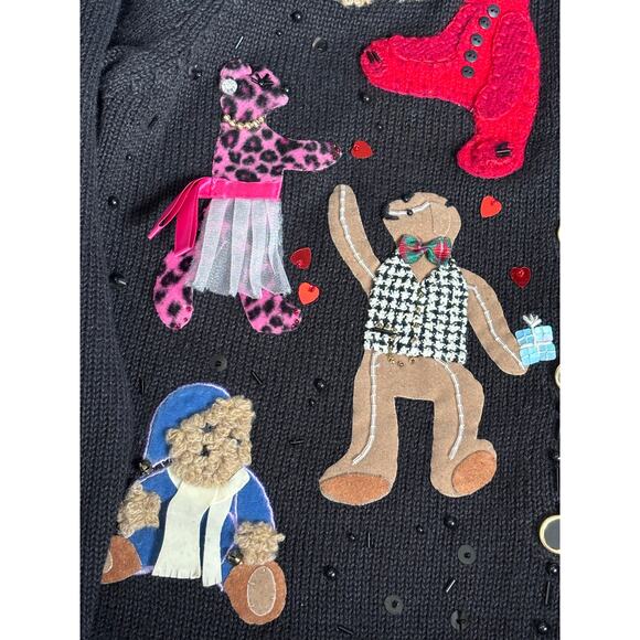 Vintage Susan Bristol Teddy Bear Applique Black Knit Cardigan Sweater Petite - Picture 12 of 13